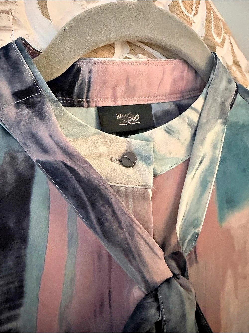 Abstract Print Tie Neck Shirt in Blue & Pink Like New - Picture 6 of 8